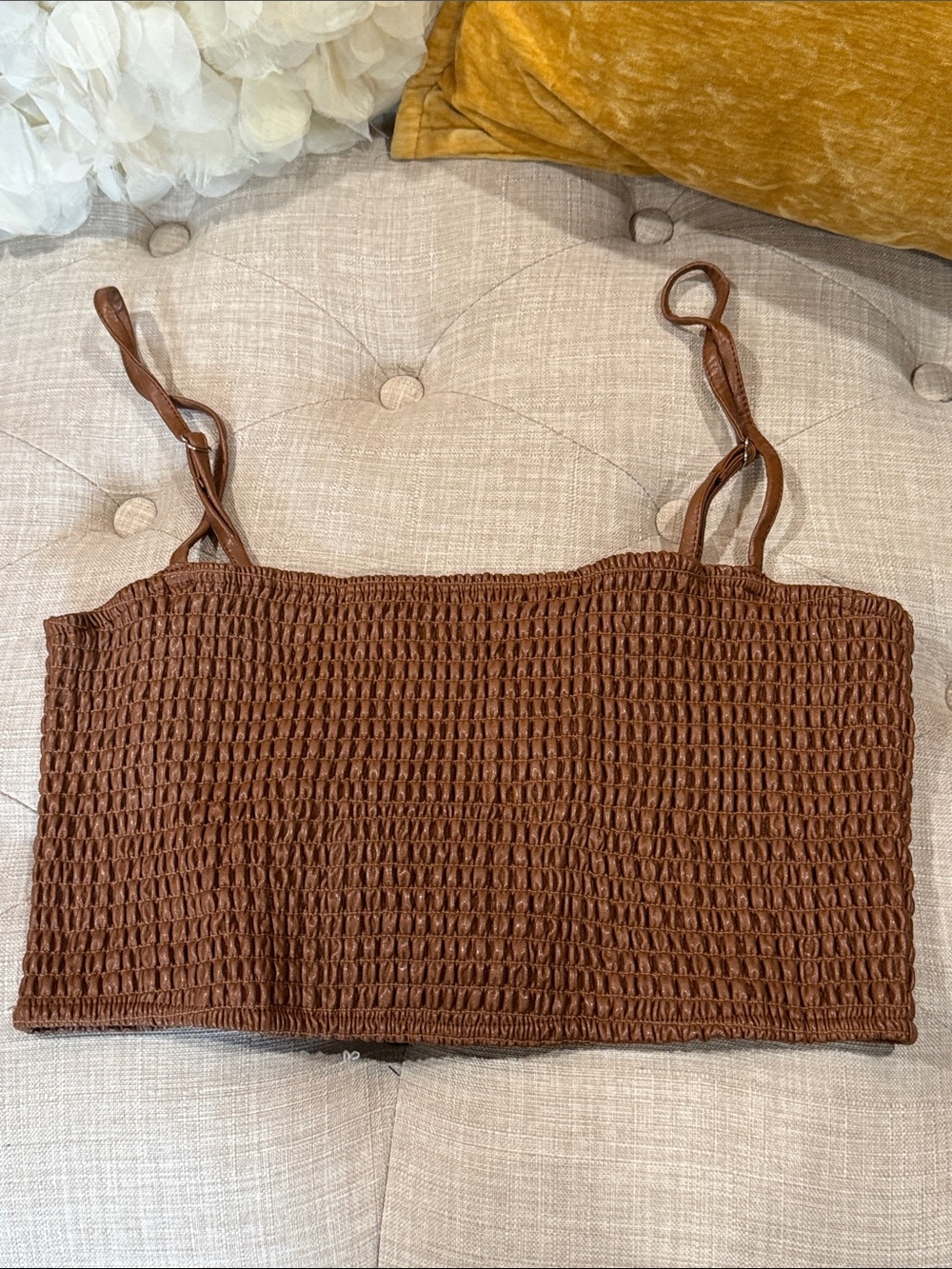 American Threads Brown Smocked faux leather Camisole Tank